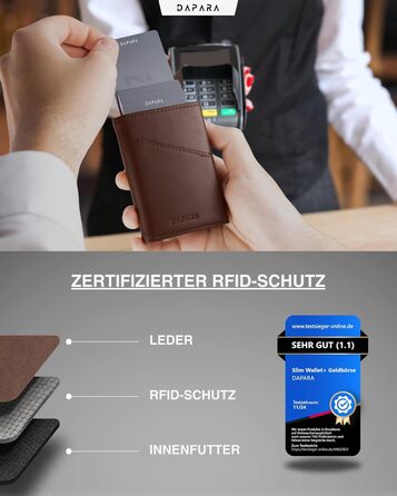 Чоловічий гаманець DAPARA з RFID-захистом | Тонкий гаманець для чоловіків з відділенням для монет | Гаманець-картхолдер на 12 карт | Коричневий гаманець Espresso Mini з натуральної шкіри