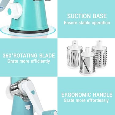 Ручна тертка для сиру та овочів Diealles Shine з ручкою, 3 змінні леза з нержавіючої сталі, для сиру, овочів, горіхів, кави (блакитна)