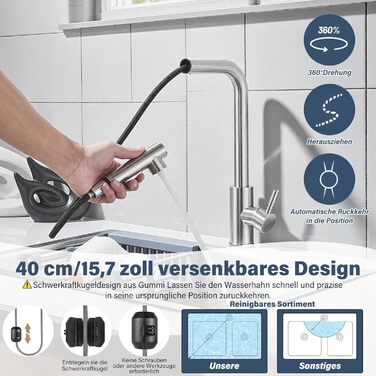 Кран кухонний Rozin чорний матовий з висувною лійкою 360° для мийки, з двома режимами, з донним клапаном