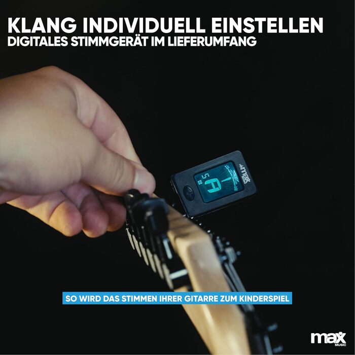 Електрогітара Max GigKit Rock Style: Комплект для гітари з підсилювачем, чохлом, медіатором, тюнером, кабелем, струнами та ременем, 24 лади - Чорний