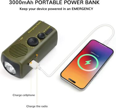 Радіо URPRO на ручному валу з AM/FM, 3000 mAh Powerbank, SOS-сигнал, LED-ліхтарик, USB-зарядний пристрій для мобільного телефону - ідеально для кемпінгу та походів