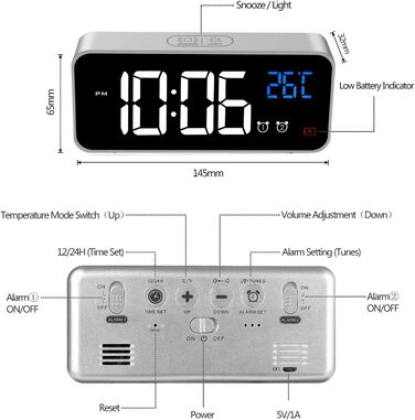 Цифровий годинник MOSUO з LED-дисплеєм, USB-зарядка, показник температури, голосове керування, 2 будильники, регулювання яскравості та гучності, срібний