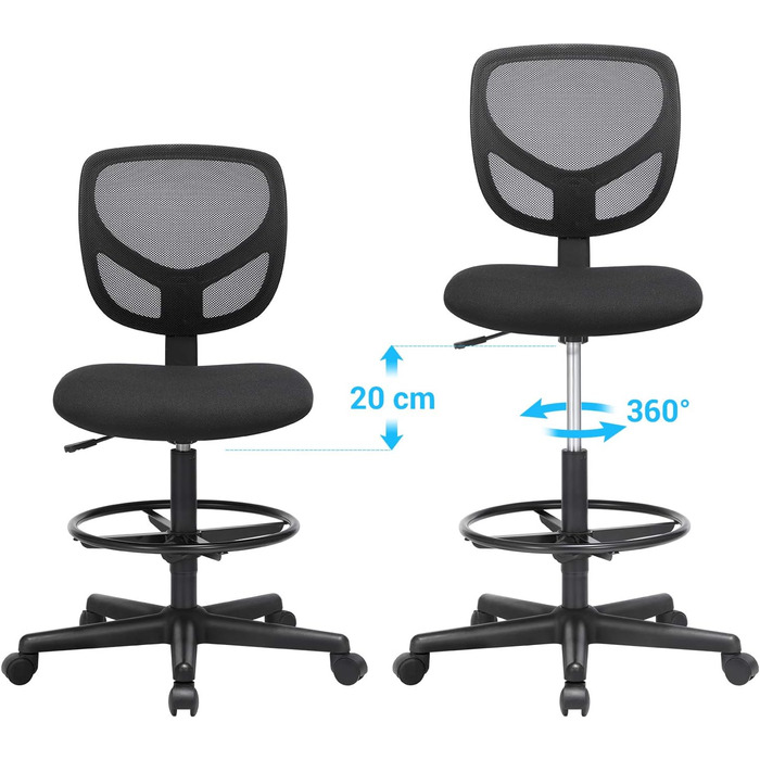 Офісне крісло SONGMICS без підлокітників, регульована висота 55-75 см, обертається, з підставкою для ніг, чорне, вантажопідйомність 120 кг