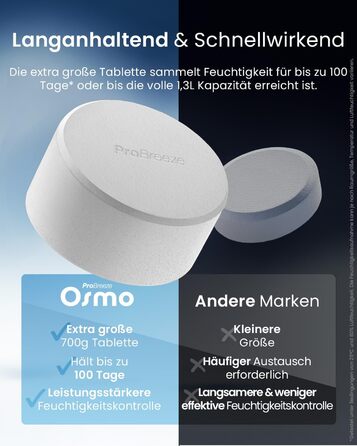 Pro Breeze Osmo: Безшумний осушувач повітря для дому – таблетки 700г (до 100 днів) – для кімнати, шафи, авто
