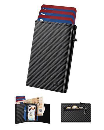 Чоловіче картхолдер/портмоне: тонкий дизайн, RFID захист, відділення для монет, віконце для ID, карбоновий чорний колір