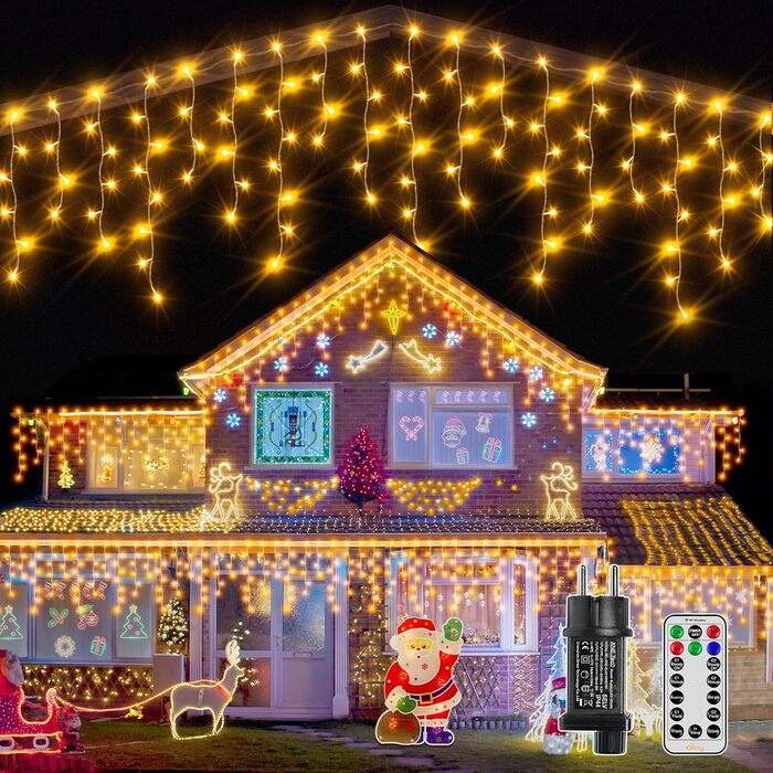 Ланцюжок прикрас з LED-ліхтариками Ollny Eisregen для вулиці, 15 м, 600 LED, тепле світло, 8 режимів, водонепроникний, з пульта, для балкона, даху, вікна, дому, огорожі