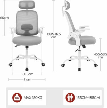 Офісний стілець WOLTU ергономічний з регульованою підголівником та підтримкою попереку, функцією гойдання, для офісу, 150 кг, світло-сірий