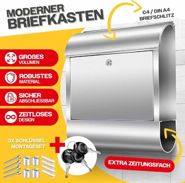 Поштовий ящик настінний KESSER® XXL нержавіюча сталь срібний з газетницею, замок + 3 ключі, вологостійкий, порошкове покриття