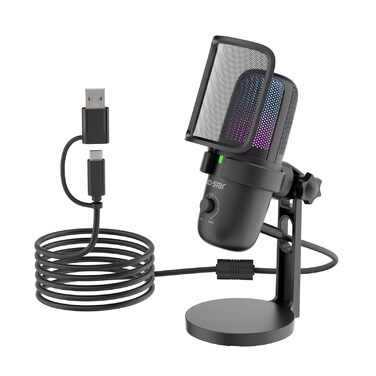 KO-Star USB мікрофон з RGB підсвіткою для ПК та смартфона – конденсаторний мікрофон зі штильником, регулятором підсилення, поп-фільтром та антивібраційним кріпленням для стрімінгу, подкастів та запису