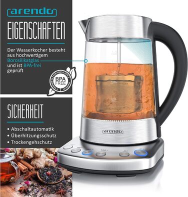 Arendo - Glass Water Kettle with Temperature Setting and Tea Strainer - Electric Kettle in Stainless Steel - Temperatures 70, 80, 90, 100 Degrees - 1.7 Liter - 2400 Watt - Keep Warm Function - BPA Free