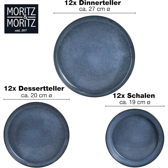 Moritz & Moritz VIDA Dinnerware Set for 12 People Blue 36-Piece - Modern Porcelain Dinnerware Set - Scratch, Microwave & Dishwasher Safe, Dining Service, Table Service, Combination Service for 12 People