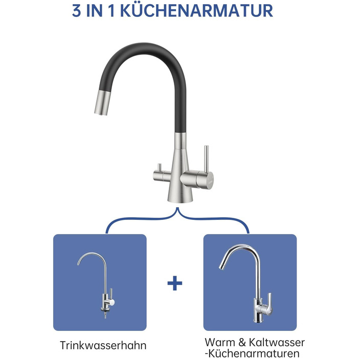 Кухонний змішувач Dayone з висувним виливом, нержавіюча сталь SUS304, високий тиск, 360° обертання, 2 функції, для кухні