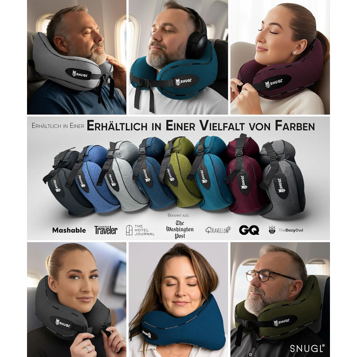 Подушка для шиї SNUGL з Memory Foam, регульована та миюча | Зручна подушка для подорожей на літаку, в авто та в дорогу | Подушка-шиїчкі SNUGL (Чорний, для дорослих)
