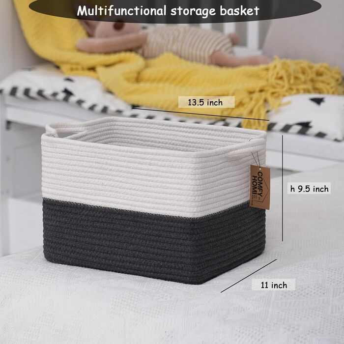 Woven cotton rope basket with handles for shelves, toys, books, fabric storage baskets for organizing, 34 x 28 x 24 cm, decorative storage basket for living room, bathroom