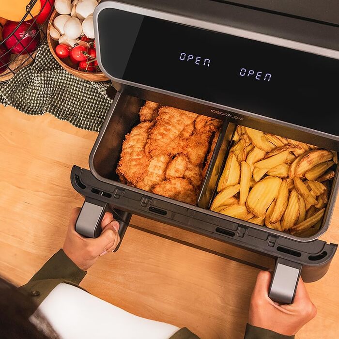 Cecotec Digital Hot Air Fryer 9L with Window - Air Fryer Cecofry Panoramic 9000. 2700W, movable divider, dual temperature, temperature from 80-200 ºC, 8 modes, multifunctional touch panel Black | Window 1 Basket 9 Liters + Divider | 12 Modes