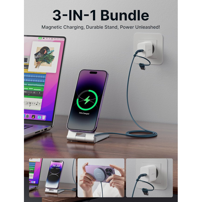 Бездротова зарядка JSAUX MagSafe 15W для iPhone 17 Air Pro Max, iPhone 16/15/14/13/12, AirPods 3/2, блакитна