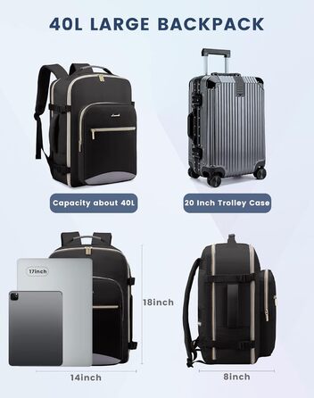 LOVEVOOK Рюкзак для ручної поклажі, 40L, для подорожей, ділових поїздок, вихідних, для ноутбука 17