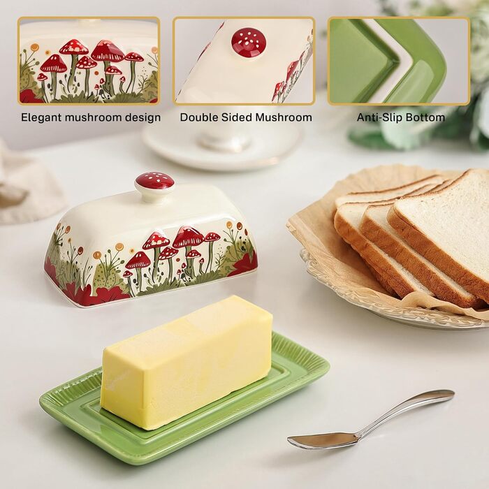 Fun Mushroom Butter Dish with Lid for Countertop - Ceramic, Red Mushroom Butter Container, Butter Tray, Large Butter Dish (White, Standard)