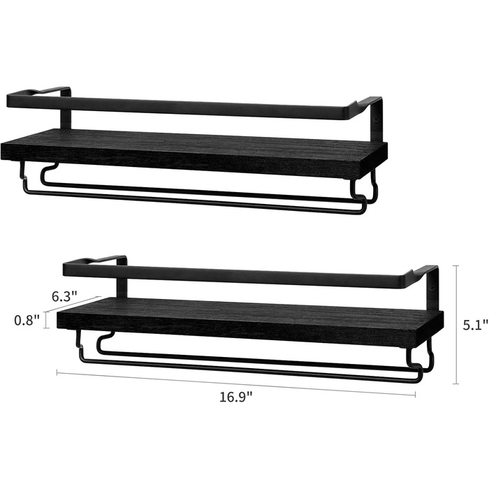 Wall-Mounted Wine Racks 2-Piece Set Wood Rustic Wine Bottle Glass Floating Shelves with Stemware Hangers Modern Wine Display Storage Holder for Kitchen Dining Room Bar, black