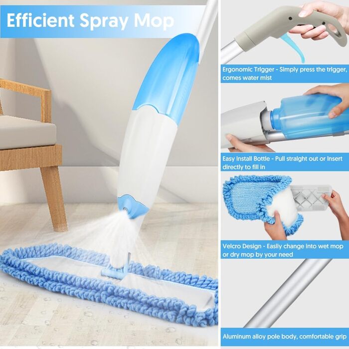 Швабра з розпилювачем, швабра для підлоги з розпилювачем, набір швабр з 3 змінними мікрофібрами, біла швабра з баком для води (435мл)