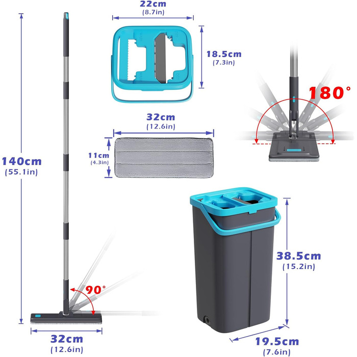 Набір для миття підлоги з відром, 2 в 1: моп з відром та функцією віджиму, з регульованою ручкою з нержавіючої сталі та 6 мікрофібровими насадками, підходить для плитки та ламінату (сірий + зелений)