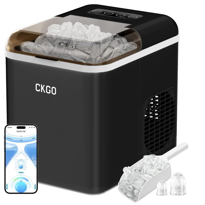 Smart Ice Maker Machine with WiFi Control - 15KG Daily Output, Fast Ice Production (6 mins/9 cubes), Self-Cleaning, 2 Sizes, for Kitchen, Office, Bar, Party, RV (Black)