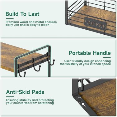 EsLuker.ly 2-Tier Mug Holders and Cup Stands, Mug Shelf for Coffee Cups, Coffee Organizer for Countertop, Coffee Station Organizer with Mug Holder, Vintage Brown-Black (15''H, Vintage Brown + Black)