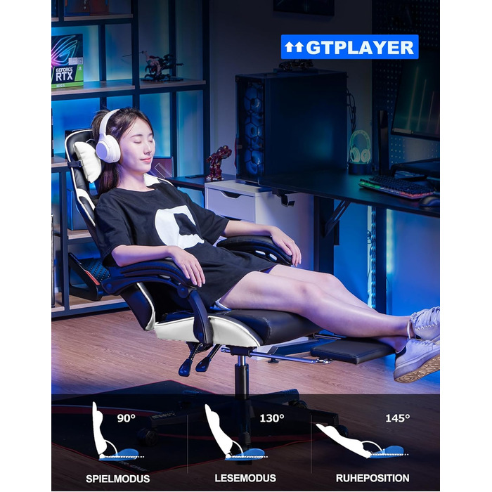 Ігрове крісло GTPLAYER біле, ергономічне, з підставкою для ніг, регульованими подушками для попереку та голови, офісне крісло для геймерів, навантаження до 150 кг