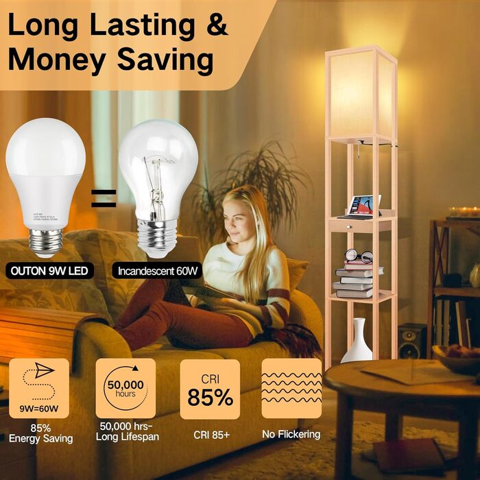 LED торшер OUTON з полицею та шухлядою, 3 режими кольору, таймер 1год, 2 USB-порти, для вітальні, спальні, офісу (дерево)