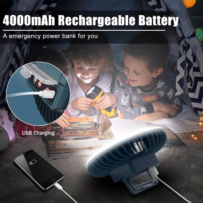 XTAUTO Portable Camping Fan with LED Lantern, Rechargeable, Waterproof, with Hanging Hook, for Indoor and Outdoor, Hiking, Car, Office, Desk, Power Outage, 2 Pack