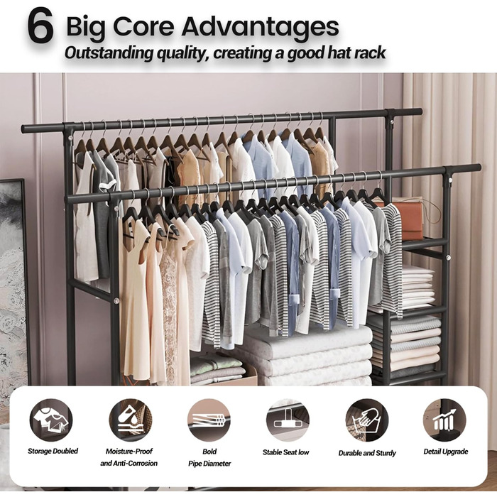 Легкий металевий вішак для одягу на колесах з полицями (білий/чорний)