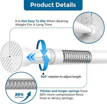 Штанга для душу/шторки без свердління Aizesi, 80-160 см, білий колір, 1 шт. (телескопічна, регульована)
