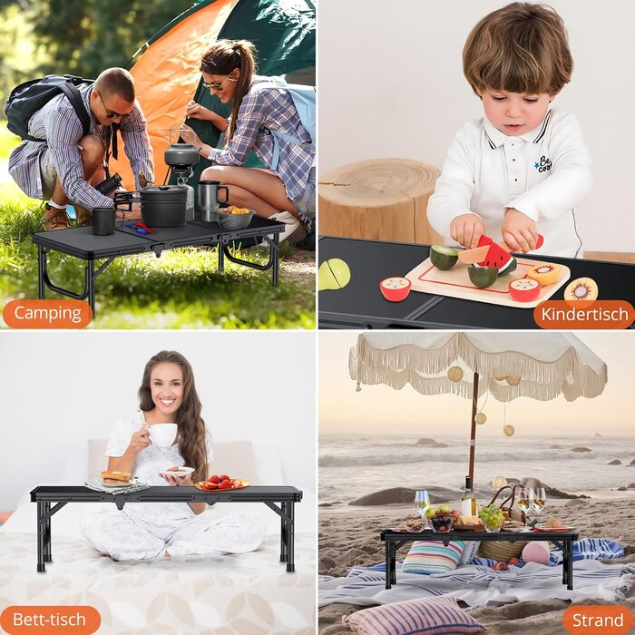 Складний кемпінговий стіл FUNYKICH 87x40x26 см, алюмінієвий, з MDF стільницею, чорний - для пікніка, пляжу, балкону