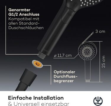 KLUDI-X3 Universal Shower Head with Hose, Shower Spray Optional - Water-Saving with 3 Spray Patterns (Body, Hair, Skin), Easy-to-Clean Shower Head Ø 11.7 cm, Shower Hose 1.60 m (3 Spray Patterns, Matte Black)