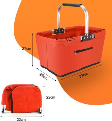 Складаний кошик для покупок 25L з м'якими ручками та кишенею на блискавці, червоний