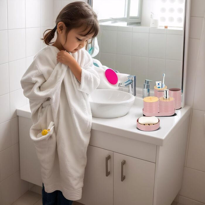 Набір для ванної кімнати IMAVO, 26 предметів: аксесуари для ванної, душова завіса, килимок, сміттєвий бак, піднос, дозатор для мила, мильниця, тримач для зубних щіток, стаканчик для зубних щіток (рожевий)