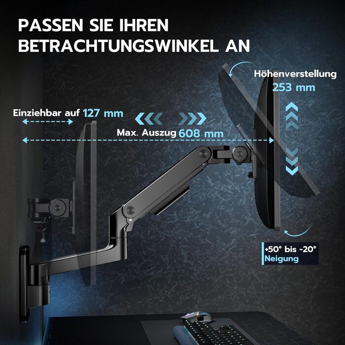 Настінний кронштейн для монітора ARES WING для UltraWide екранів 17-49 дюймів, газліфт, навантаження до 20 кг, VESA 75/100, регульований тримач для офісу та геймінгу, чорний