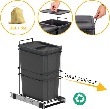 Відро для сміття кухонне Emuca з підвісною системою, 2 висувні контейнери по 20 л, загальний об'єм 40 л (2 x 20 л), сталь та пластик, сірий колір