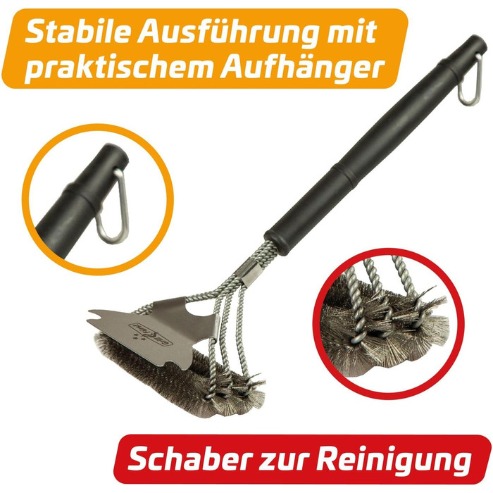 3X Grillfürst Premium Grill Brush with Brass Bristles, 45 cm - Grill Cleaning Brush for Grill Grate, Grill Grate Brush with wide 3-fold brush head and scraper (2x stainless steel with scraper)