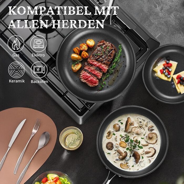 Сковорода KOKHUB Edelstahl 28 см з титаново-керамічним покриттям (без PTFE та PFAS), індукційна, 3-шарова антипригарна, з кришкою, для всіх плит, підходить для духовки