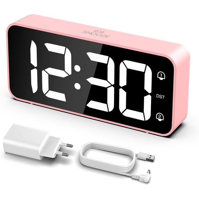 LED-годинник LATEC з двома будильниками, USB-порт для зарядки, регулювання яскравості, гучність 90-120 дБ, 8 мелодій, 12/24 год, мережевий (рожевий)