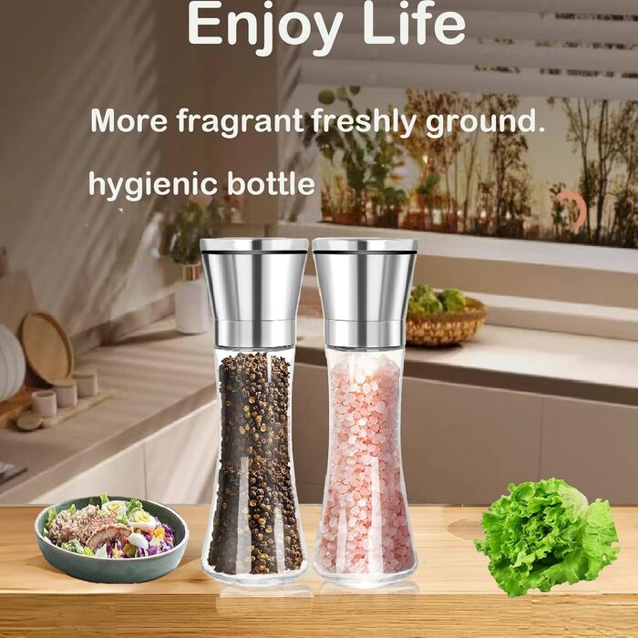 Набір з 2 мельниць для солі та перцю з регульованим керамічним жорном, для спецій, нержавіюча сталь та скло, 19 см
