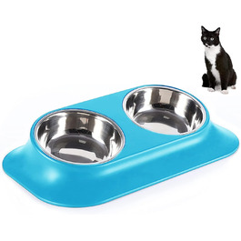 Підвищений годівниця для кошенят та цуценят, з нержавіючої сталі, з підставкою, захист шийного відділу хребта, нахил 15°, неслизька, подвійно піднята годівниця для домашніх тварин, для котів та маленьких собак (подвійний миска / Blue)