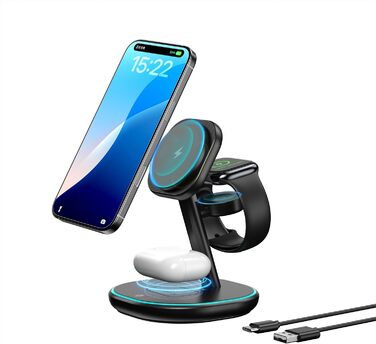 3-в-1 Зарядний пристрій MagSafe, 15W Швидка Бездротова Зарядка, Індукційна Зарядка для iPhone 16/15/14/13/12, Розумний годинник, AirPods Pro/2/3 - Чорний