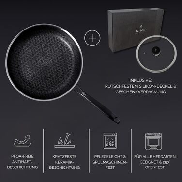 Пан з нержавіючої сталі NYORD - антипригарне покриття, з гранульованою поверхнею, для плити та духовки, з кришкою, 24 см