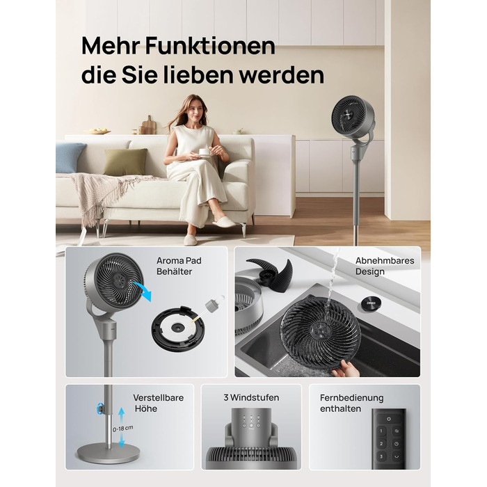 Вентилятор Dreo Leiser: турецький, з дистанційним керуванням, 1444 м³/год, осциляція, таймер 6 годин, функція ароматерапії, сірий