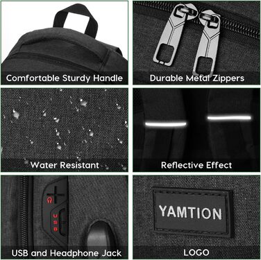 Чорний рюкзак YAMTION для чоловіків та жінок, унісекс, підійде для підлітків, хлопчиків та дівчаток. Вміщує ноутбук 17.3 дюйми. Ідеальний для університету, школи, роботи, офісу. З USB-портом.