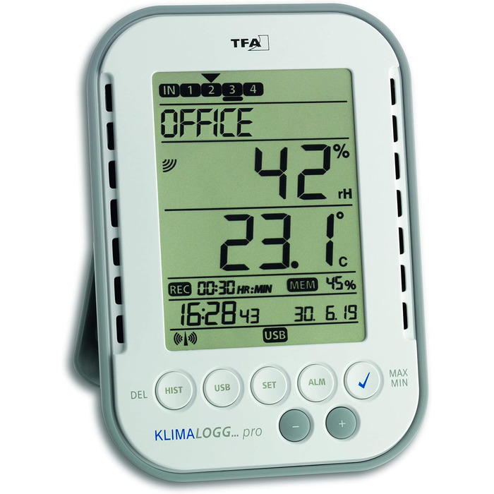 TFA Dostmann Climate Logger Pro Professional Thermo-Hygrometer, 30.3039, with Data Logger Function, Alarm Function, Max./Min. Values, professional room climate monitoring, White, L 98 x W 25 (77) x H 137 mm