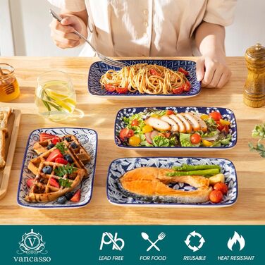 Набір сервірувальних тарілок Vancasso SELENE (6 шт.) - великі, прямокутні, порцелянові, для свят, сніданків, фуршетів, сирної тарілки, мікрохвильова піч та посудомийна машина, блакитно-білі