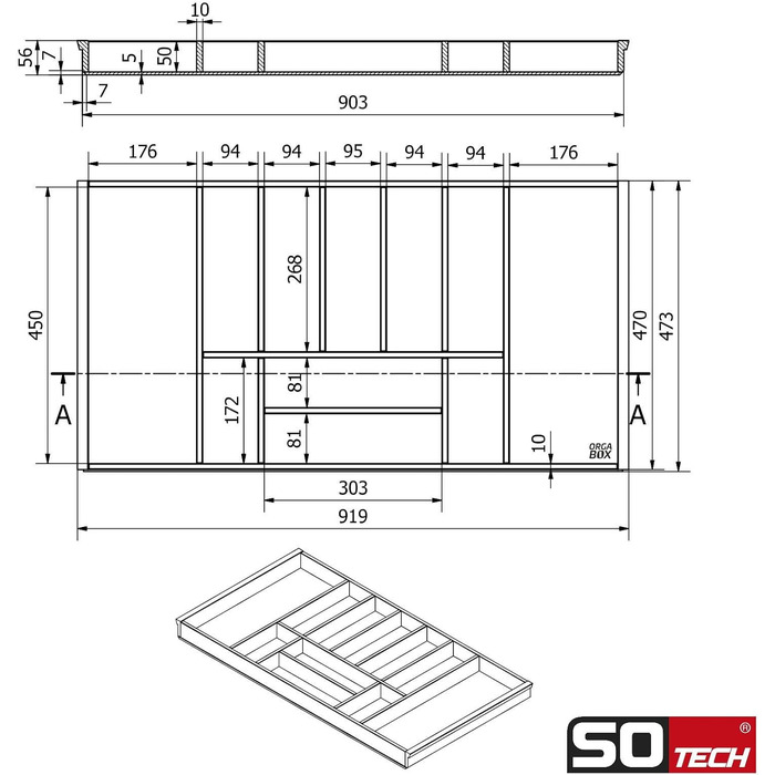 Бамбуковий органайзер для столових приладів Orga-Box-1 з 11 відсіками для шухляд Blum Tandembox/Antaro 919x473 мм, підходить для шафи 100 см, сумісний з кухнями Wellmann, Alno та іншими